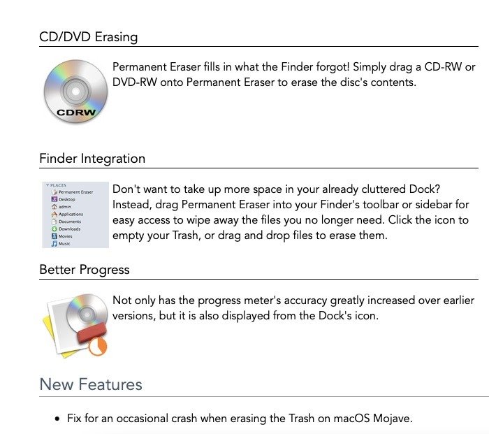 Снимок экрана, показывающий некоторые функции Permanent Eraser — снимок экрана с домашней страницы.