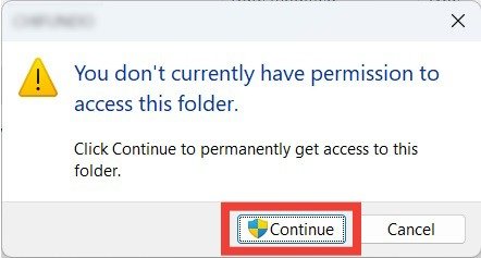Запрос на получение доступа к папке профиля пользователя в Windows с выделенной кнопкой «Продолжить».