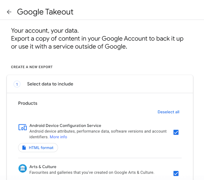 Вы можете скачать свои данные Google с помощью Google Takeout.