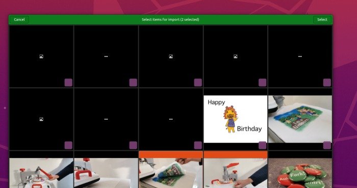 Снимок экрана, показывающий интерфейс выбора для импорта изображений в Gnome Photos.