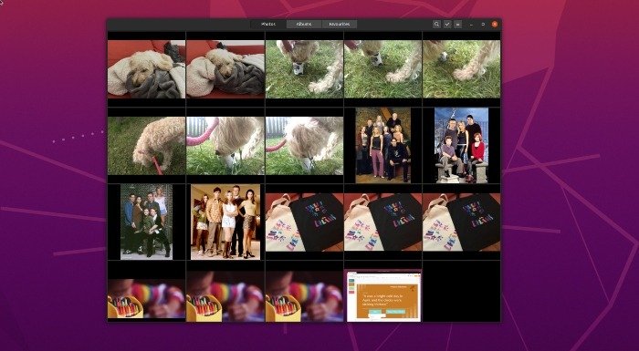 Снимок экрана, показывающий интерфейс запуска Gnome Photos, включая сетку фотографий и других изображений.