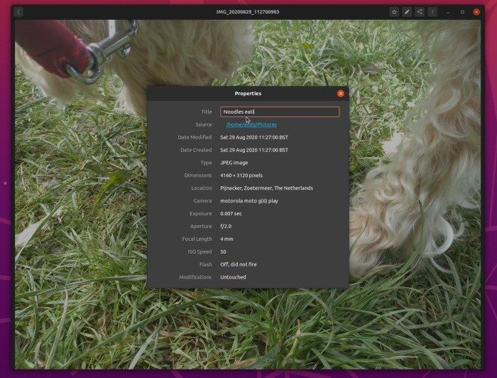 Снимок экрана, показывающий раздел «Свойства» отдельного изображения в Gnome Photos. Это позволяет выполнять базовое редактирование файлов.