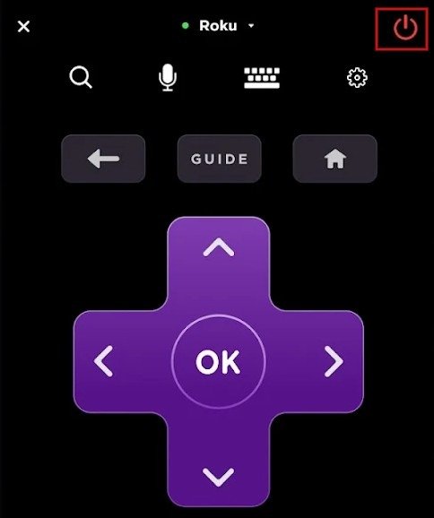 Нажмите кнопку питания в удаленном приложении Roku.