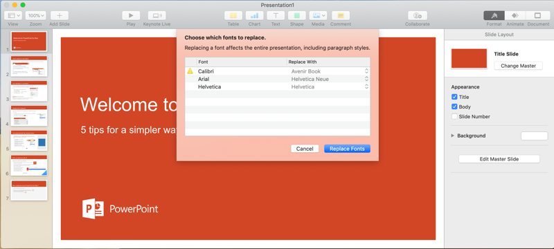 замена шрифта Powerpoint в Keynote