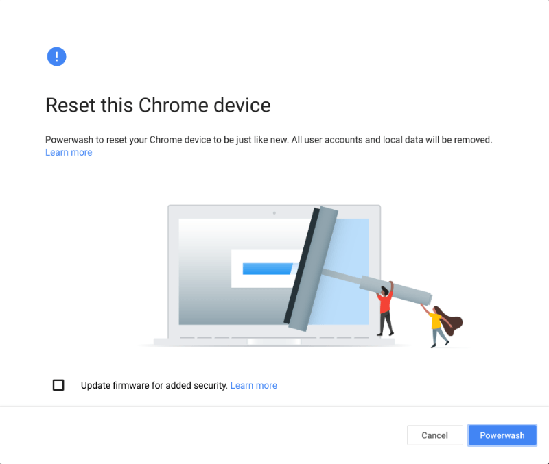 Подтверждение Powerwash Chromebook после перезагрузки
