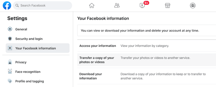 В меню слева выберите «Ваша информация в Facebook».