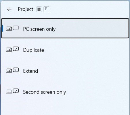 Параметры проецирования в Windows 11 с выбранным параметром «Только экран ПК».