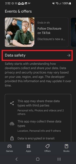 Нажав на раздел «Безопасность данных» на странице приложения в Google Play Store.