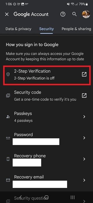 Нажмите кнопку «Двухэтапная проверка» в учетной записи Google.
