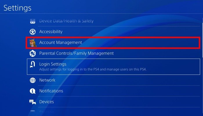 Управление учетной записью PS4