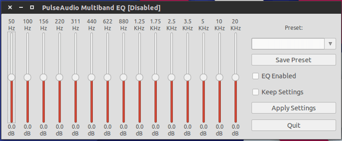 Главное окно конфигурации Pulse Audio Equalizer.