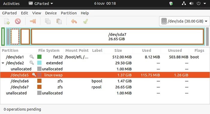 Реалистичная замена в разделе подкачки Ubuntu Gparted