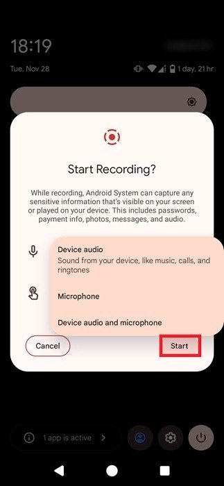 Выбор источника для записи звука при использовании Screen Recorder на Android.