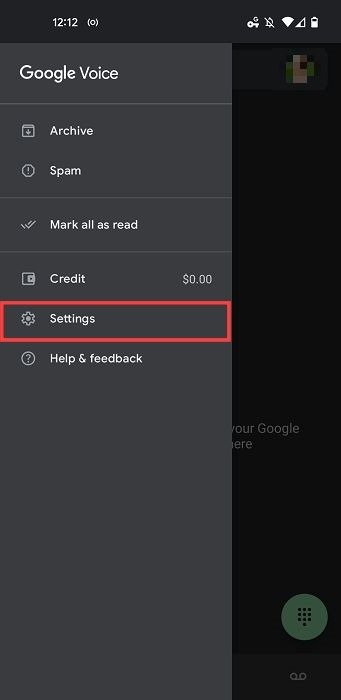 Меню Google Voice с параметром «Настройки».