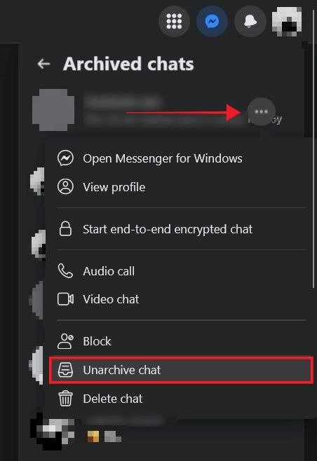 Выбор опции «Разархивировать чат» в веб-версии Facebook.