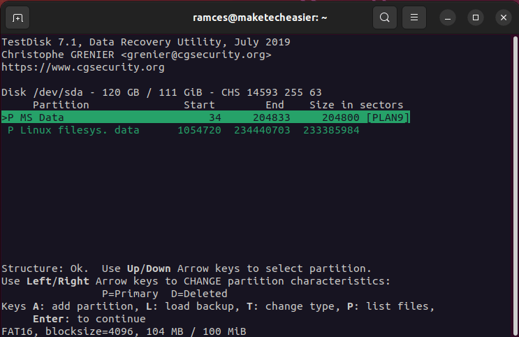 Окно, показывающее раздел, найденный Testdisk.