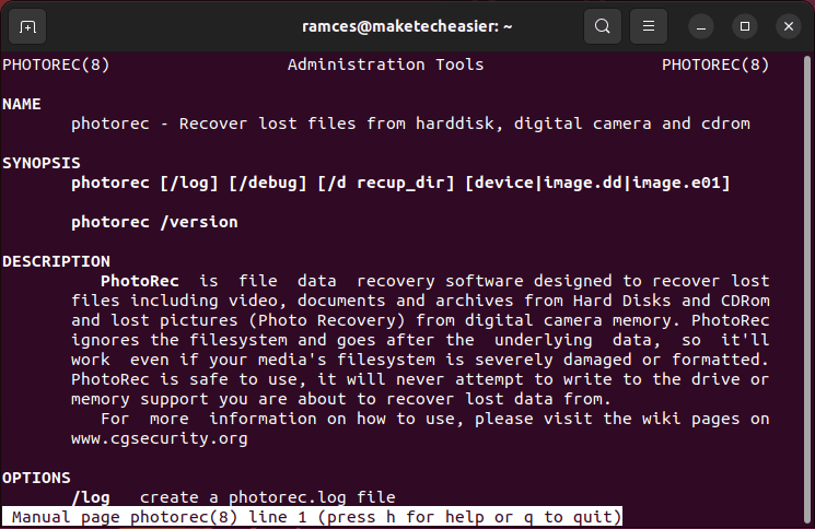 Снимок экрана, показывающий справочную страницу Photorec.