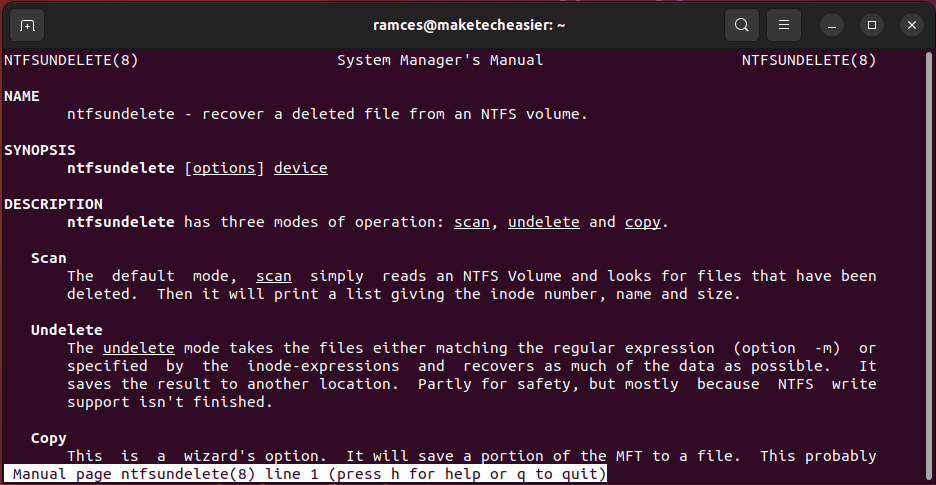 Снимок экрана, показывающий справочную страницу ntfsundelete.