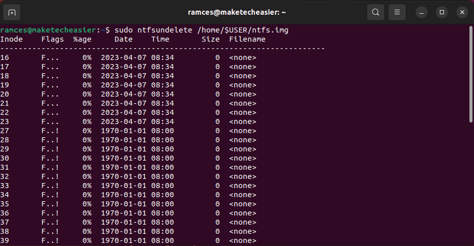 Снимок экрана, показывающий содержимое файла образа ntfs.