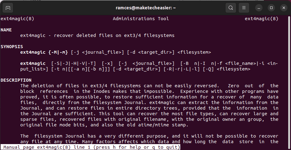 Снимок экрана, показывающий справочную страницу ext4magic.