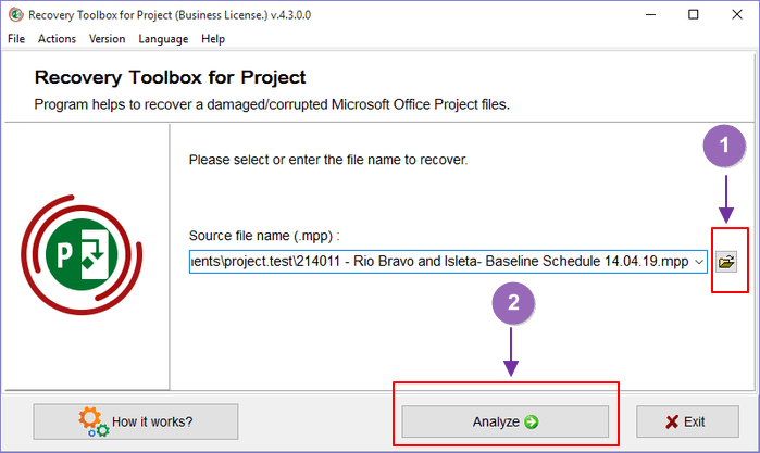 панель инструментов восстановления для анализа проекта MS