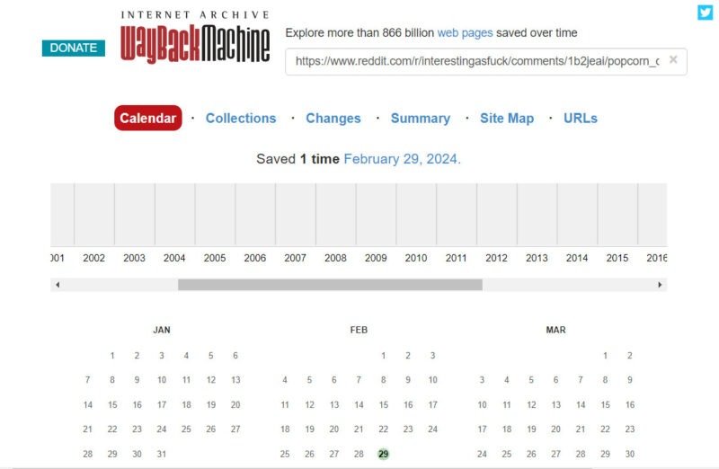 Сообщение Reddit в Wayback Machine