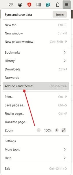 Нажмите «Дополнения и темы» в настройках Firefox.