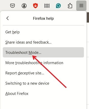 Нажав на опцию «Режим устранения неполадок» в меню Firefox.
