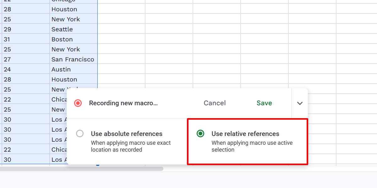 Выбор относительных ссылок в макросе Google Таблиц