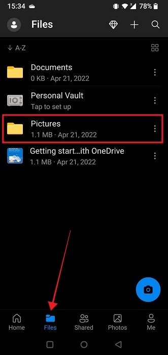 Перейдите на вкладку «Файлы» в приложении OneDrive для Android.