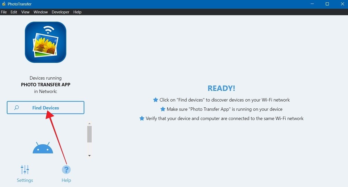 Нажмите кнопку «Найти устройства» в приложении Photo Transfer для ПК.