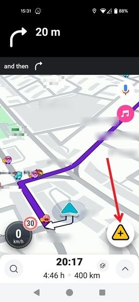 Нажмите на желтый треугольник со знаком + в приложении Waze.