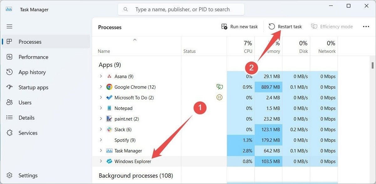 Перезапуск проводника Windows из диспетчера задач.