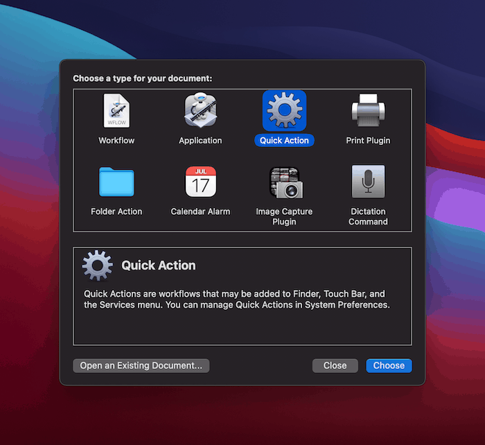 Выбор быстрого действия в Automator.