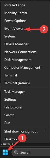 Щелкните правой кнопкой мыши меню «Пуск» и выберите «Просмотр событий».