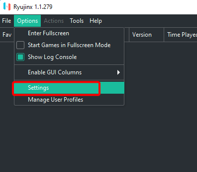 Открытие меню настроек Ryujinx