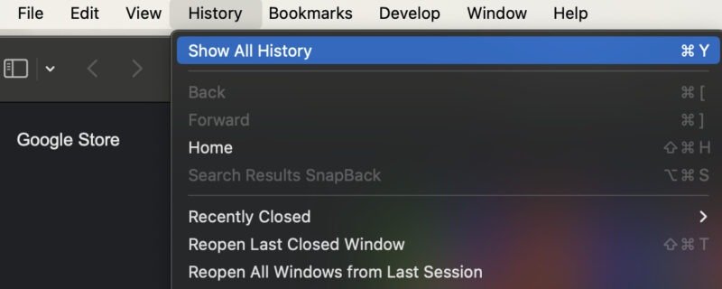 Меню браузера Safari – Показать всю историю