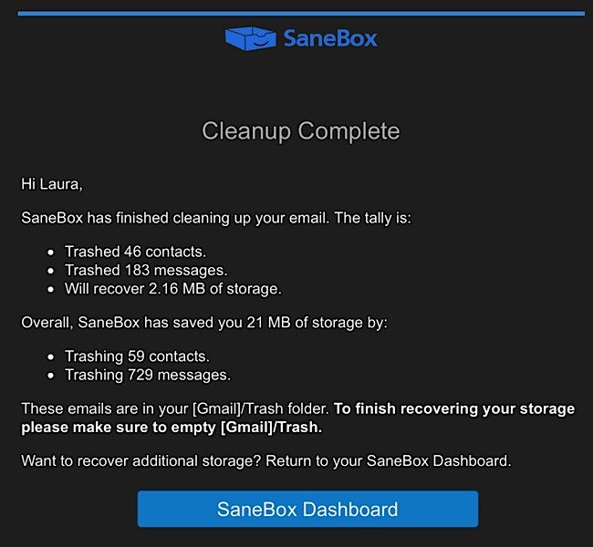 Очистка обзора Sanebox завершена