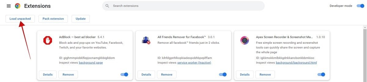 Нажмите кнопку «Загрузить распакованное» на странице расширений Chrome.
