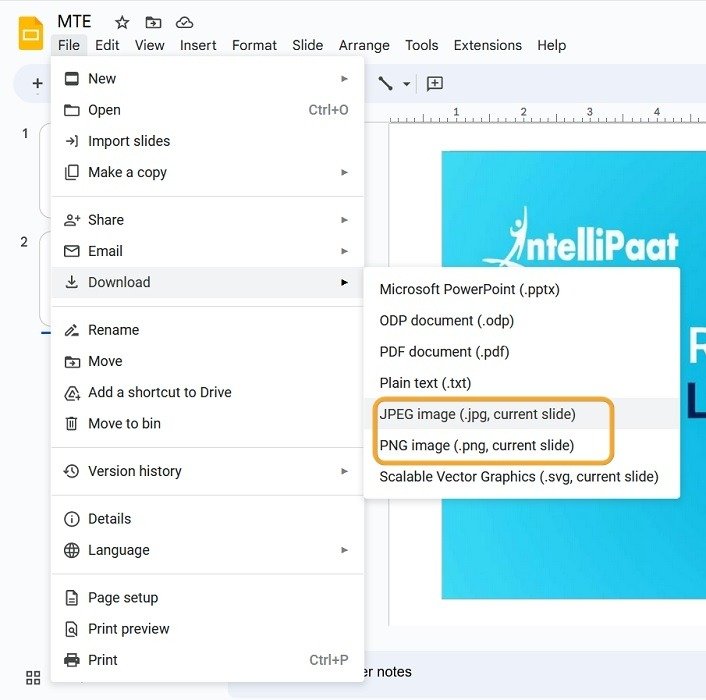 Выбор загрузки Google Slide в формате JPEG или PNG.