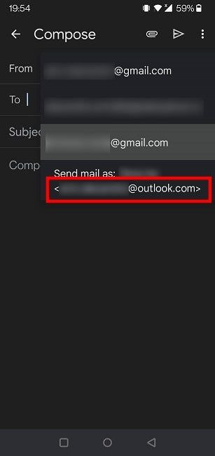 Расписание электронной почты Outlook для мобильных устройств. Выбор другого адреса.