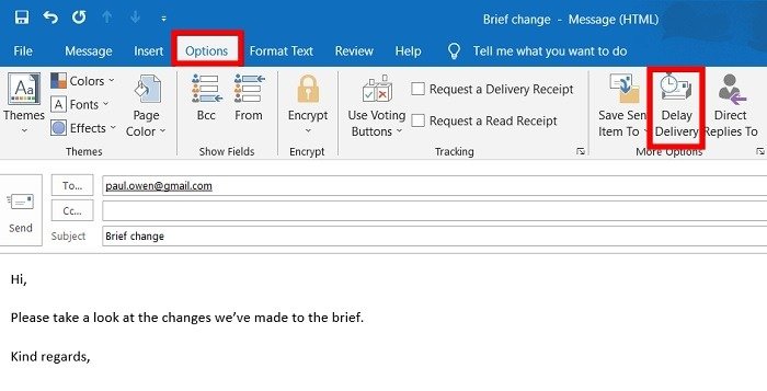 Запланируйте доставку электронных писем Outlook на ПК с задержкой