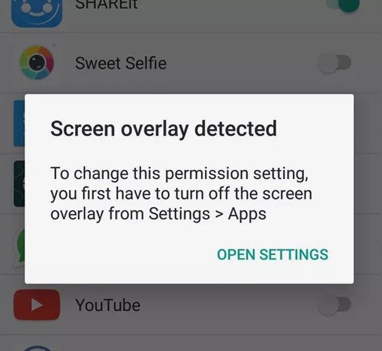 Обнаружена ошибка наложения экрана Android Открыть настройки