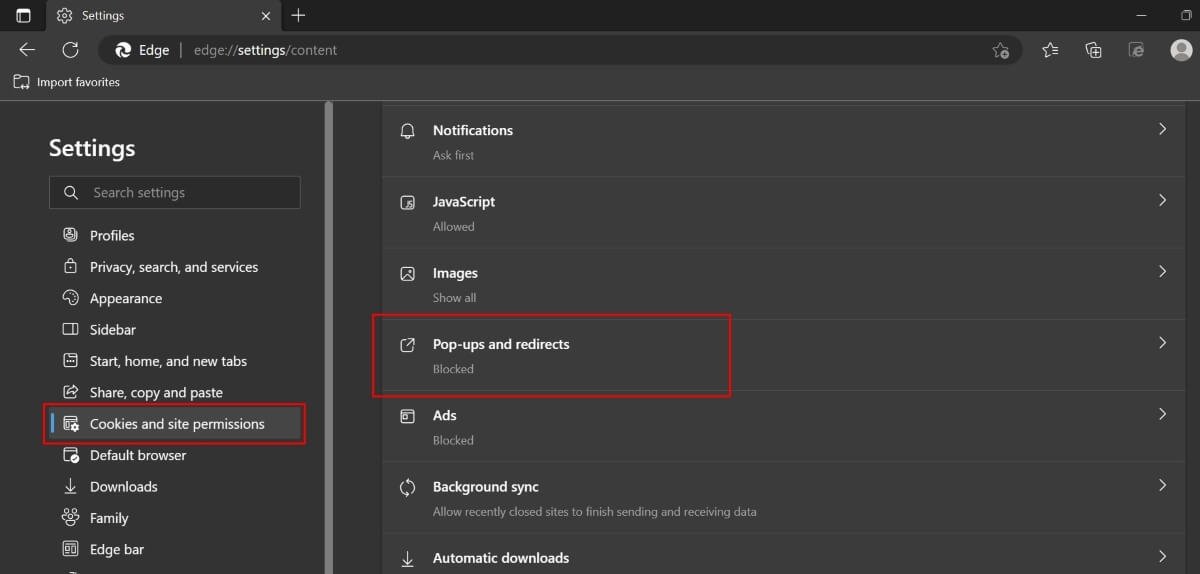 Нажмите «Всплывающие окна и перенаправления» в Edge.