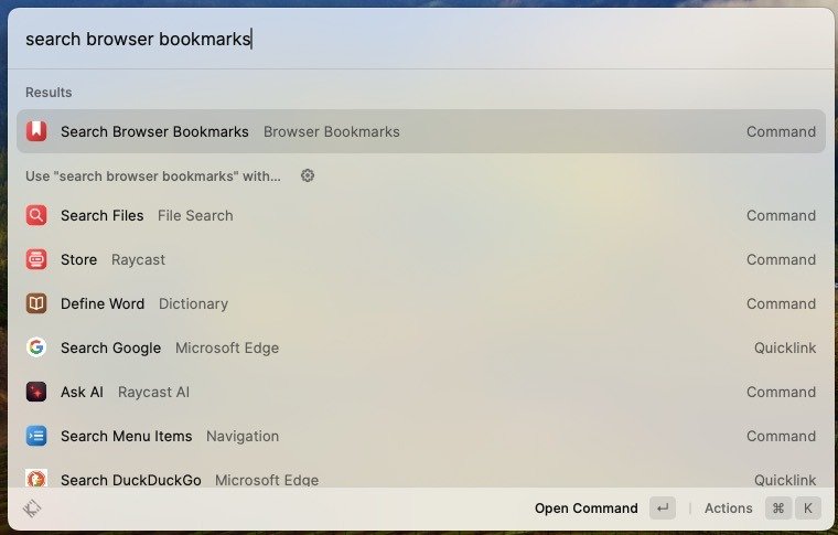 Поиск по закладкам браузера Raycast
