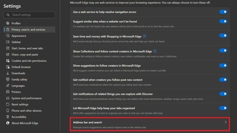 Нажав кнопку «Адресная строка и поиск» в настройках Microsoft Edge.