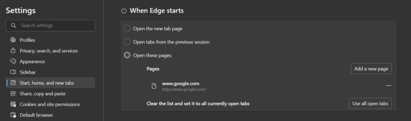 Настройка страницы «При запуске Edge» через настройки Edge.