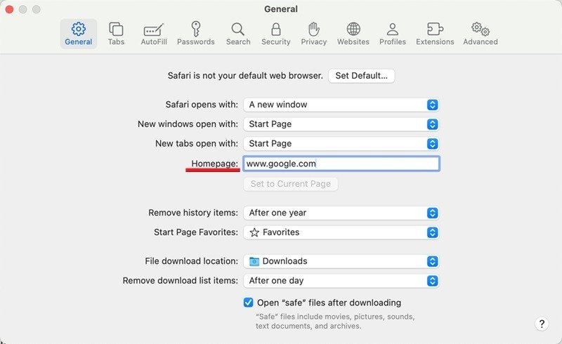 Открытие новой домашней страницы браузера Safari на Mac.