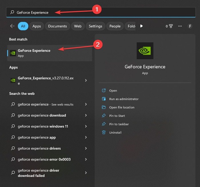 Введите Geforce Experience в поиске Windows.