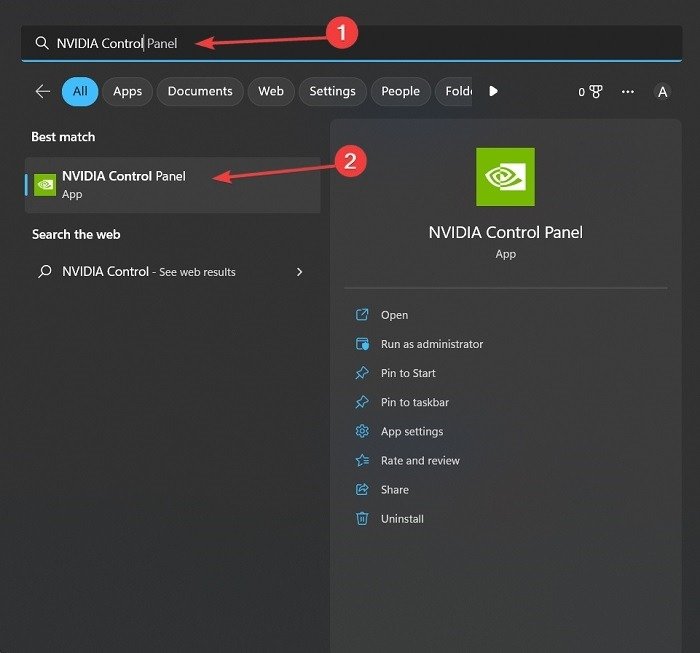 Найдите панель управления Nvidia с помощью поиска Windows.